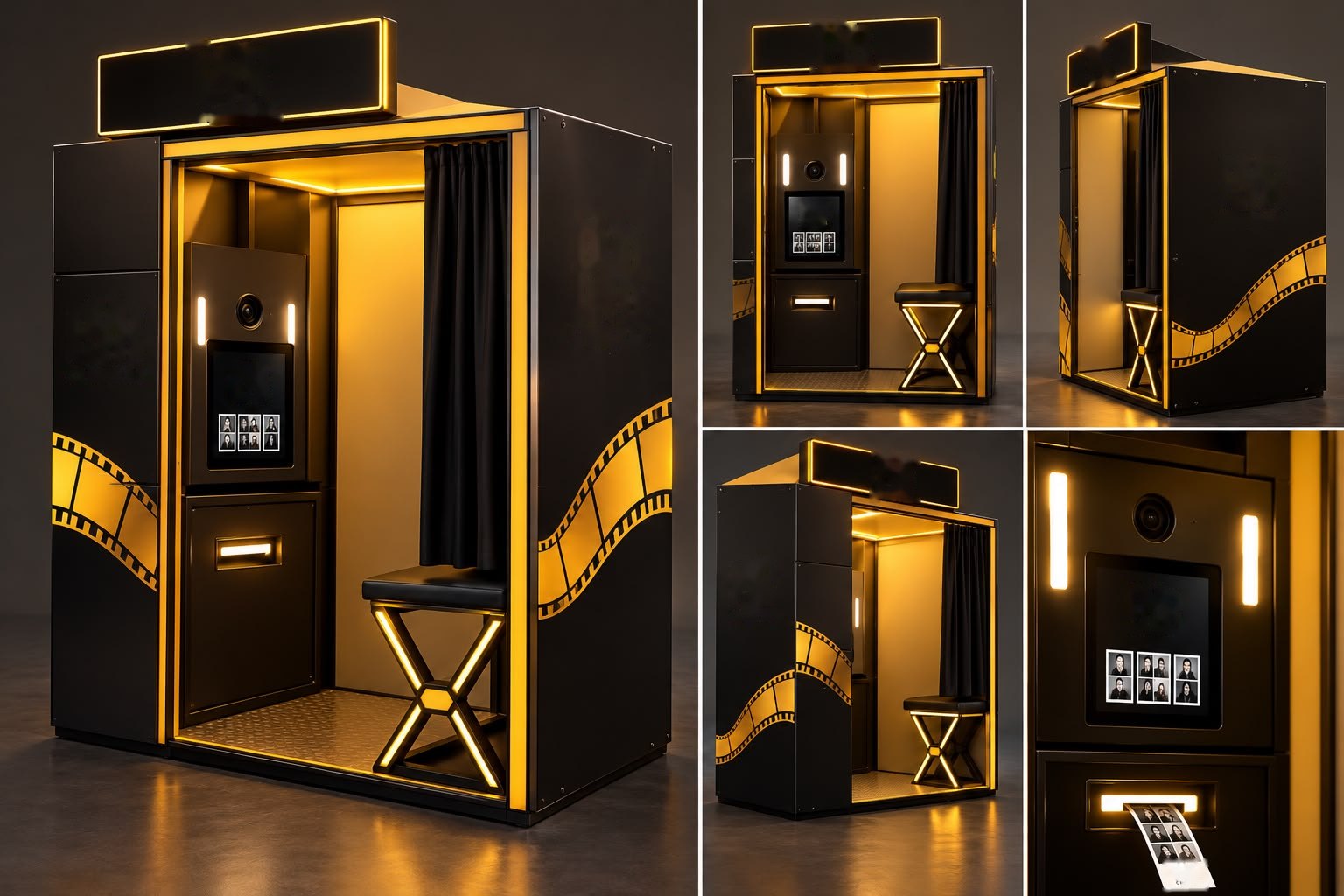 Black and gold photobooth shown from several angles, with a film strip graphic on the side panels