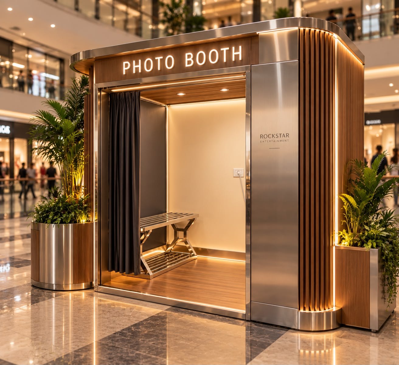 Photobooth with brushed steel and wood finishes in a shopping mall
